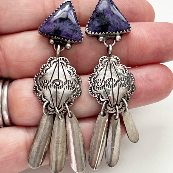 Vintage Richard Begay Navajo Charoite Sterling Silver Concho Earrings - Picture 14 of 14